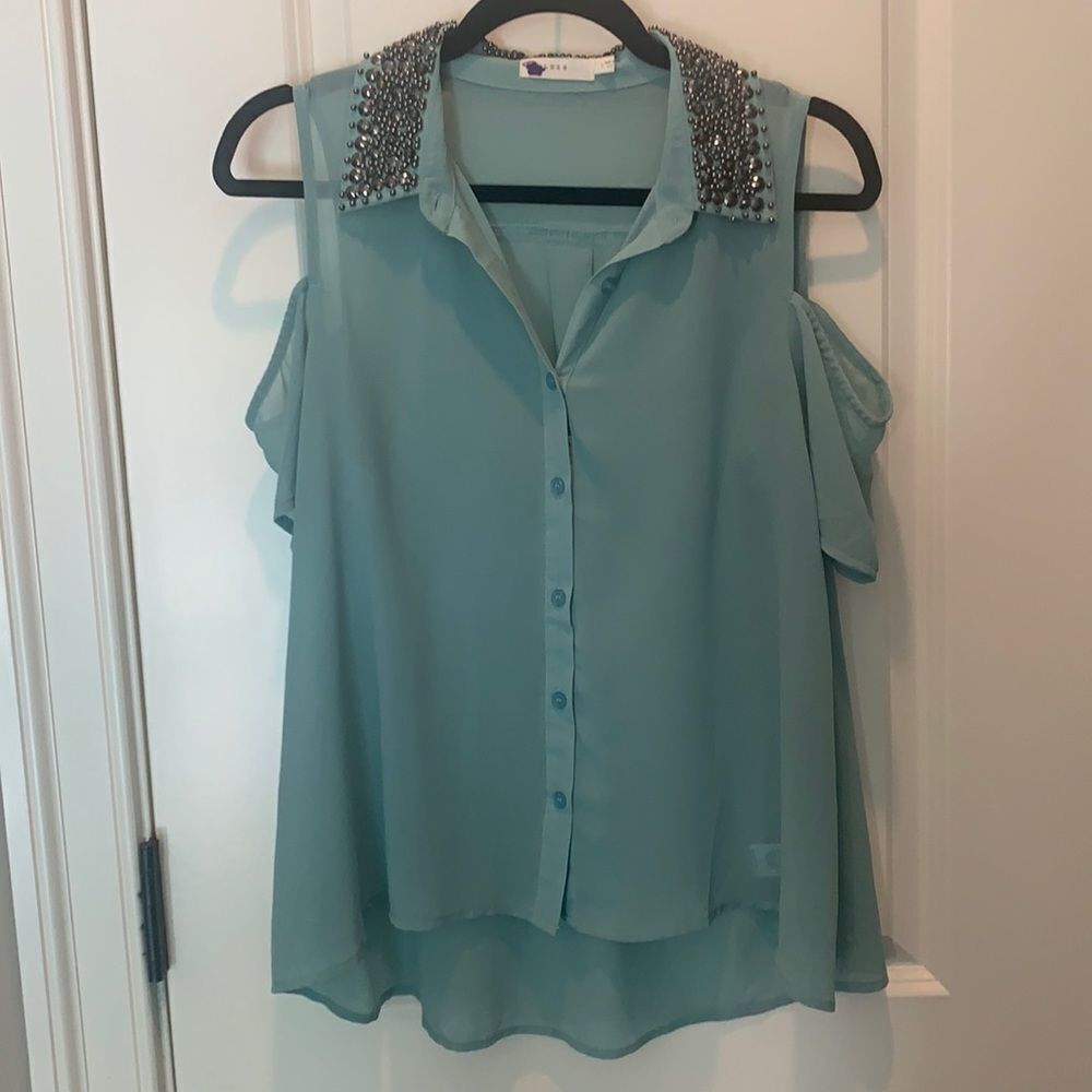 Lush sheer exposed shoulder top with beaded collar